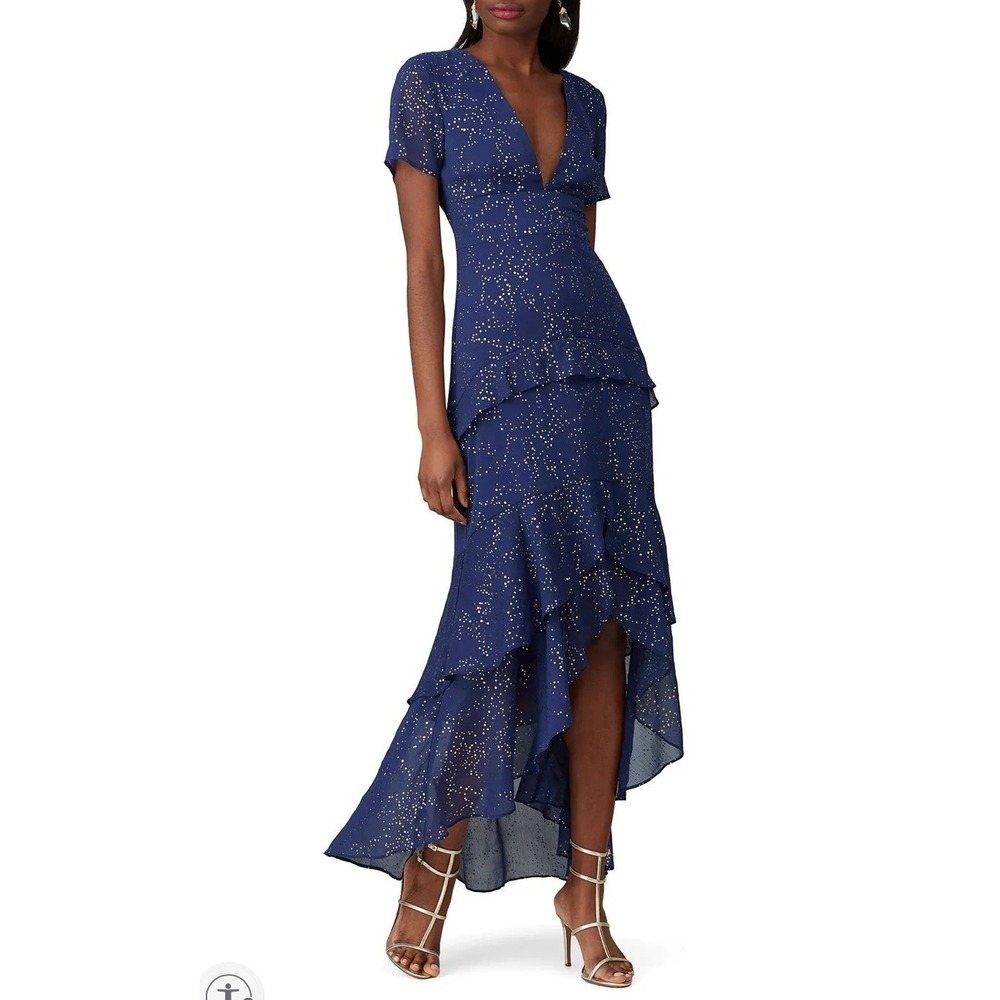 Hutch Tate Gown Navy Blue Hi Low Dress Gold Foil Dots Ruffle V-Neck Sz 16